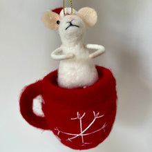 Load image into Gallery viewer, Felted mouse in a red mug ornament on a white background
